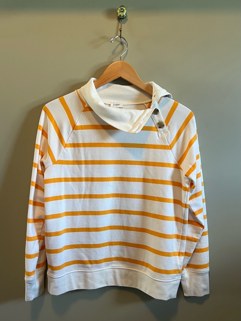J.‎ Crew White and Yellow Striped Button-Neck Pullover